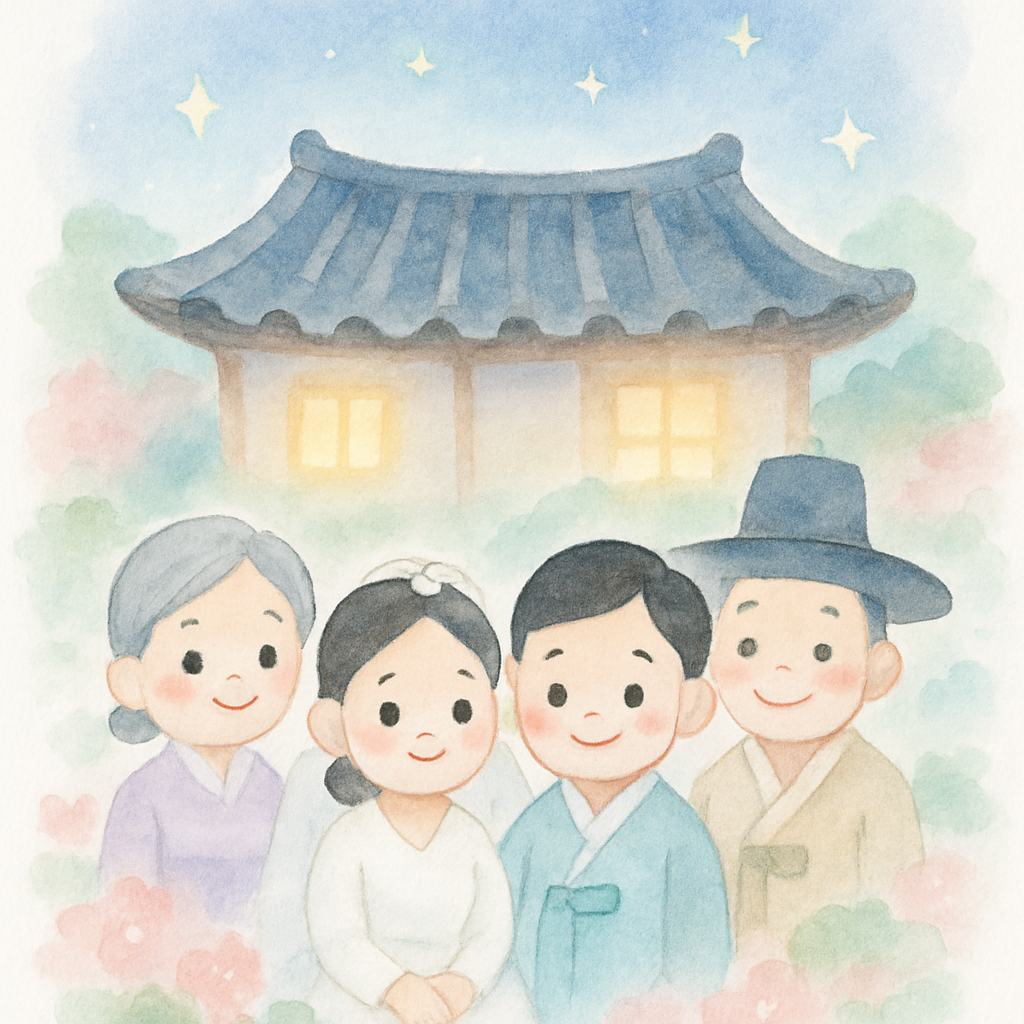 행복한 가족이 함께 있고 별이 빛나는 밤 하늘 아래의 결말 장면